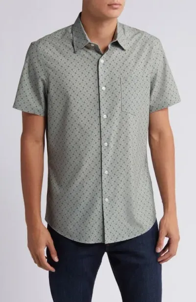 Nordstrom Trim Fit Geo Print Short Sleeve Stretch Button-up Shirt In Green- Navy Geo Swirl