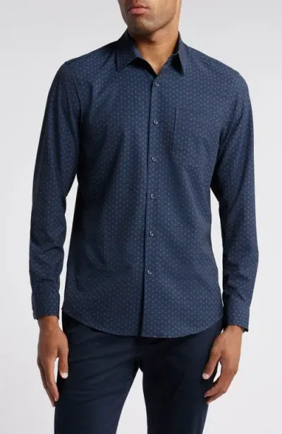 Nordstrom Trim Fit Geometric Print Stretch Button-up Shirt In Navy Blue - Teal Square Geo