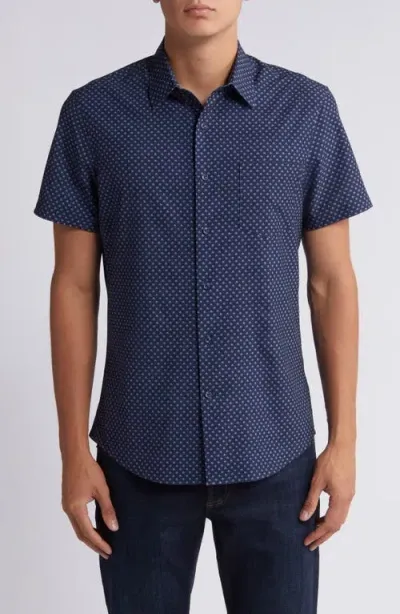 Nordstrom Trim Fit Neat Short Sleeve Stretch Cotton Button-up Shirt In Navy- Teal Micro Shells