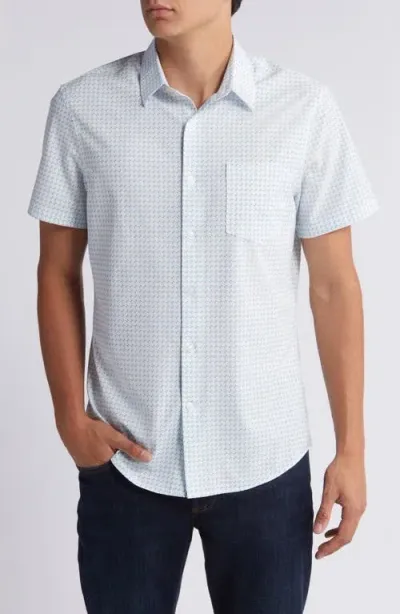 Nordstrom Trim Fit Neat Short Sleeve Stretch Cotton Button-up Shirt In White- Blue L Stack