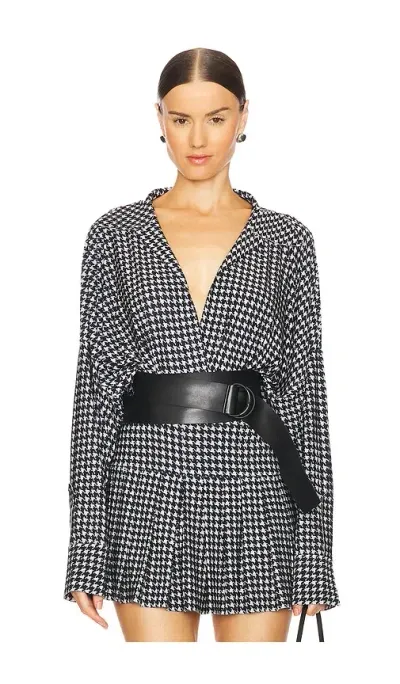 Norma Kamali Oversized Boyfriend Shirt Bodysuit In Large Houndstooth