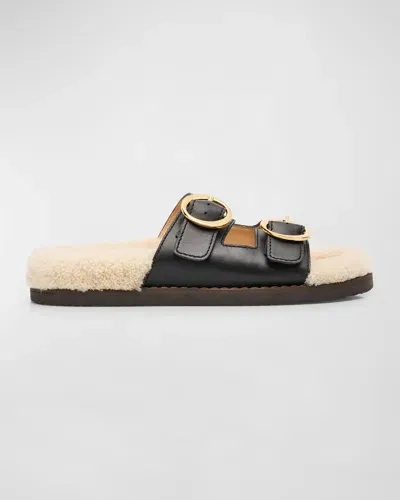 Odissi Yuki Leather Shearling Buckle Slide Sandals In Black