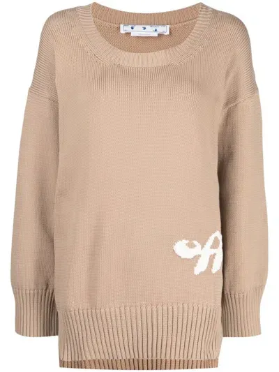 Off-white Intarsia-logo Ribbed Jumper In Brown