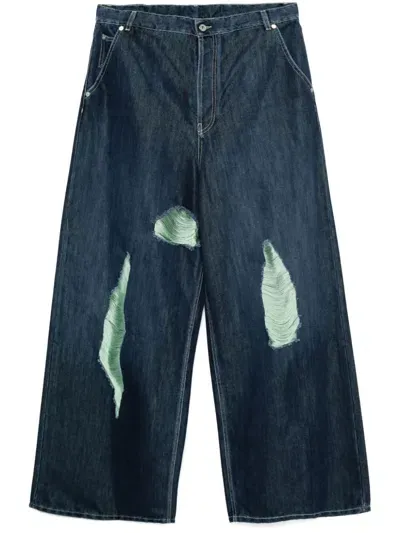 Off-white Shiny Shredded Wide Jeans In Blue