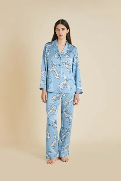 Olivia Von Halle Lila Poseidon Blue Lobster Pyjamas In Silk Satin