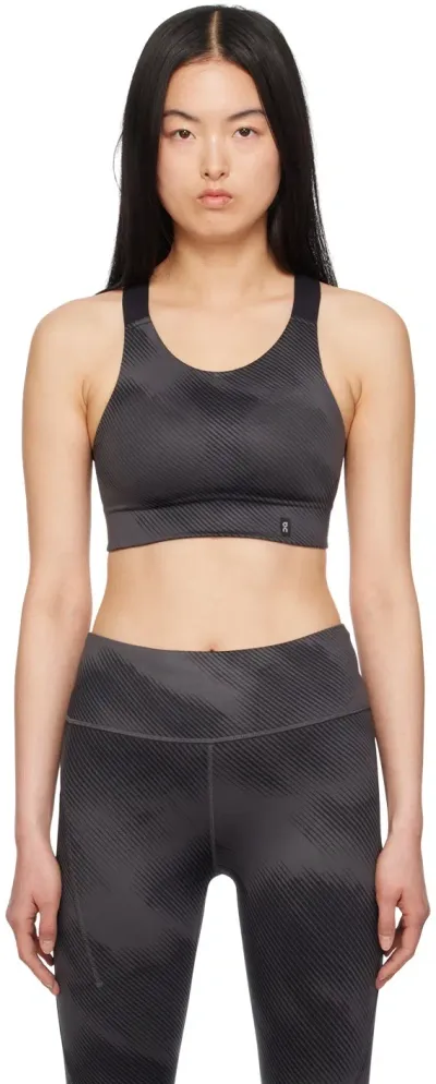 On Gray Performance Graphic Sport Bra In Black