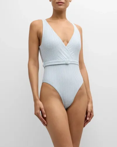 Onia Michelle Striped Seersucker One-piece Swimsuit In White