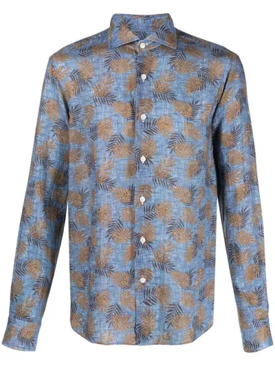 Orian Leaf-print Linen Shirt In Blue