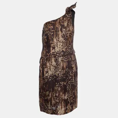 Pre-owned Oscar De La Renta Brown Printed Silk One Shoulder Dress M