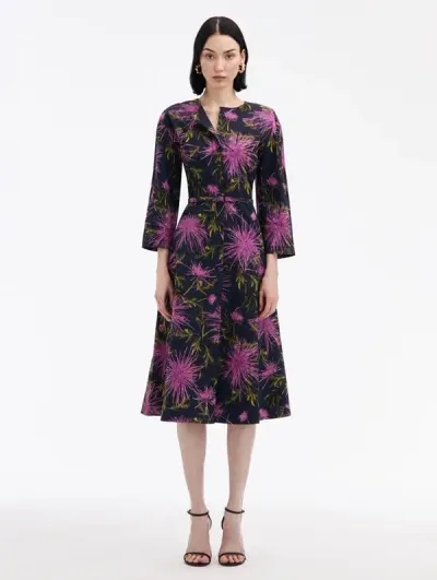 Oscar De La Renta Chrysanthemum Cotton Poplin Dress In Purple/navy