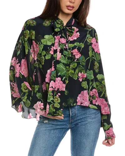 Oscar De La Renta Floral Tie-neck Silk Blouse In Purple