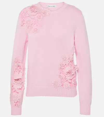 Oscar De La Renta Floral Lace-trimmed Cotton Sweater In Pink