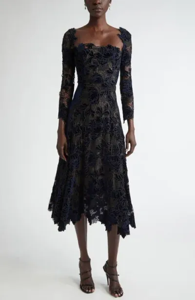 Oscar De La Renta Floral Long Sleeve Handkerchief Hem Guipure Lace Virgin Wool Dress In Navy