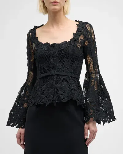 Oscar De La Renta Marbled Carnation Guipure Jacket With Belted Waist In Black