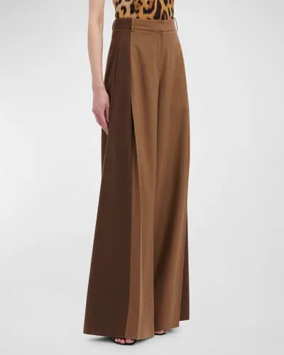 Oscar De La Renta Mixed Wool Flannel Pleated Wide-leg Pants In Cafe Au Lait