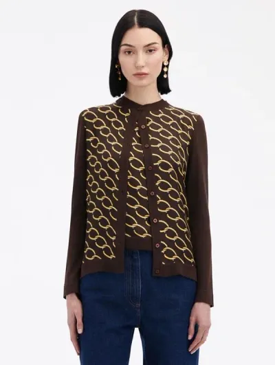 Oscar De La Renta Chain-link Inset Cardigan In Cafe/gold