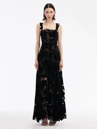 Oscar De La Renta Peony Velvet Guipure Sleeveless Gown In Black