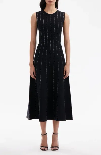 Oscar De La Renta Sequin Stripe Sleeveless Midi Sweater Dress In Black