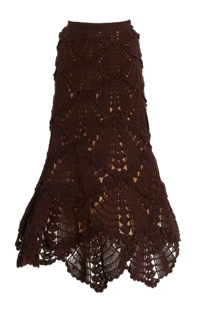 Oscar De La Renta Shell Crochet Flared Knit Skirt In Brown