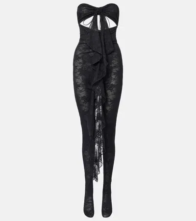 Oseree Ruffled Cutout Lace Catsuit In Black