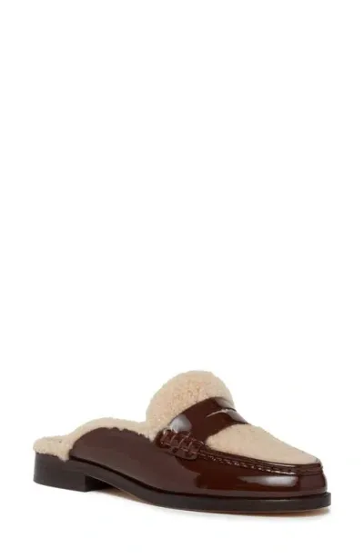 Paige Emmett Genuine Shearling Lined Loafer Mule In Chocolate Patent