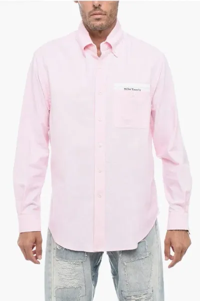 Palm Angels Button-down Tape Cotton Shirt With Breast-pocket In Pink