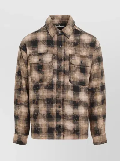 Palm Angels Curved Hem Logo Check Shirt In Metallic