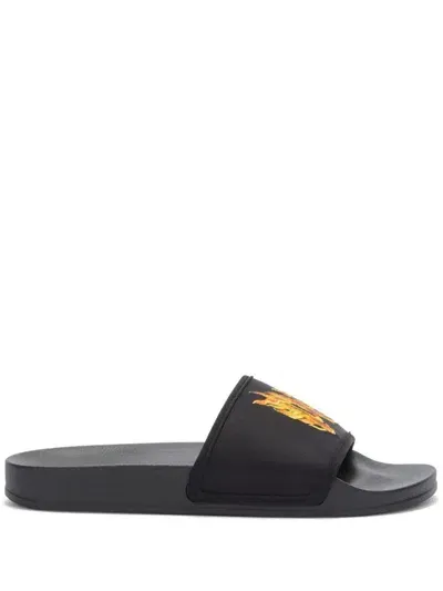 Palm Angels Flame Monogram-print Slides In Black Orange