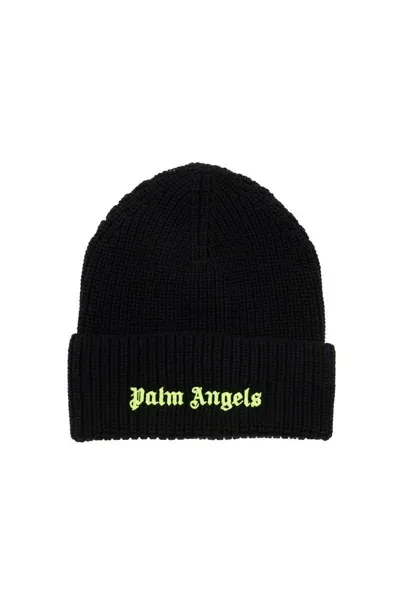 Palm Angels Fluorescent Logo Beanie In Black