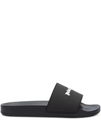 Palm Angels Black Slippers With White Logo