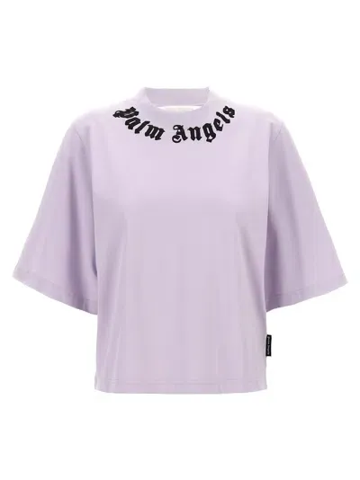 Palm Angels Neck Logo Cropped Cotton T-shirt In Pink & Purple