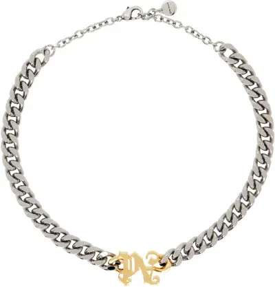 Palm Angels Silver & Gold Monogram Chain Necklace In Blue