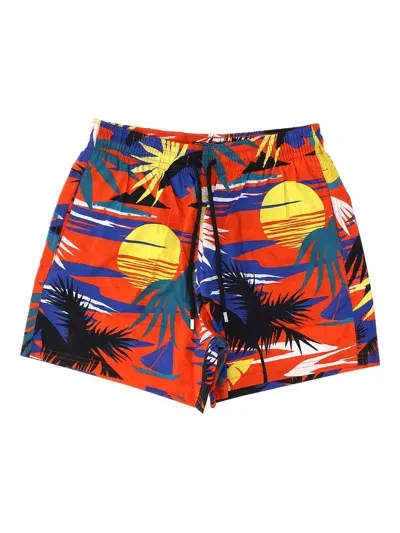 Palm Angels X Vilebrequin Palm Tree Print Swim Shorts In Red