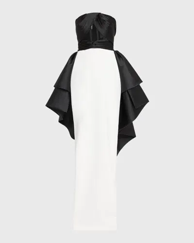 Pamella Roland Draped Mikado Strapless Tulle-corset Crepe Gown In Black Ivory