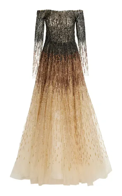 Pamella Roland Embellished Ombre-tulle Off-the-shoulder Gown In Black