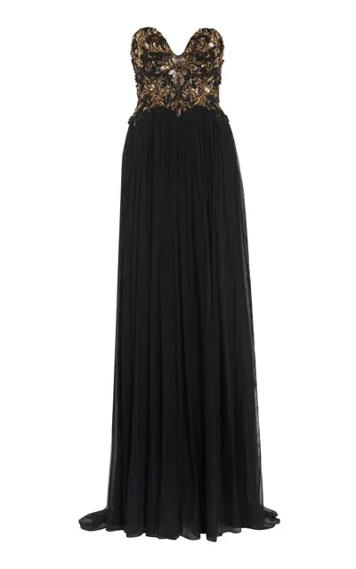 Pamella Roland Embroidered Chiffon Gown In Black