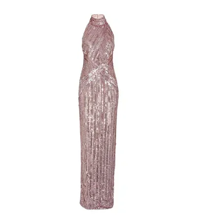 Pamella Roland Sequin-embellished Halterneck Gown In Pink