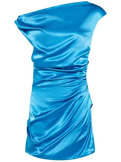 Paris Georgia Remmy Asymmetric Ruched Satin Mini Dress In Blue