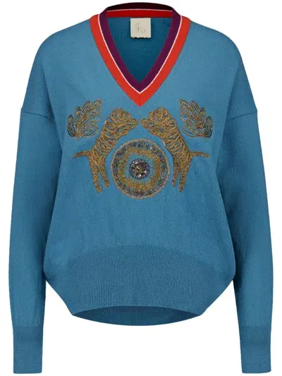 Paula Embroidered Cashmere Sweater In Blue