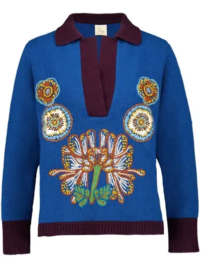 Paula Embroidered V-neck Sweater In Blue