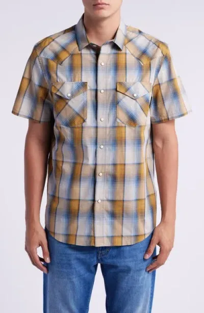 Pendleton Frontier Plaid Short Sleeve Snap-up Western Shirt In Blue/bronze Plaid