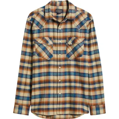 Pendleton Wyatt Plaid Cotton Snap-up Shirt In Khaki/brown/blue Plaid