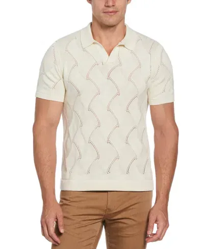 Perry Ellis Men's Short Sleeve Basket Weave Open Collar Polo Sweater In Birch,beige