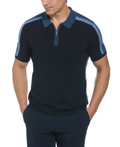 Perry Ellis Men's Short Sleeve Quarter-zip Colorblocked Polo Sweater In Dark Sapphire,blue