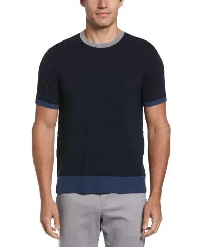 Perry Ellis Men's Tech Knit Contrast Ribbed Crew Neck Sweater T-shirt In Dark Sapphire,blue