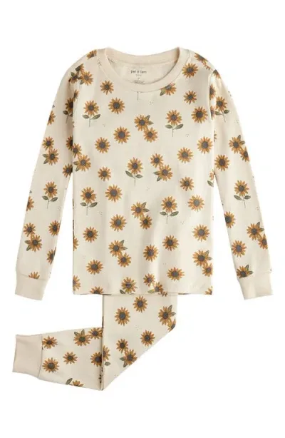 Petit Lem Kids' Sunflower Print Fitted Organic Cotton Two-piece Pajamas In Beige