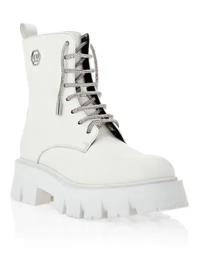 Philipp Plein Logo-plaque Lace-up Leather Boots In White