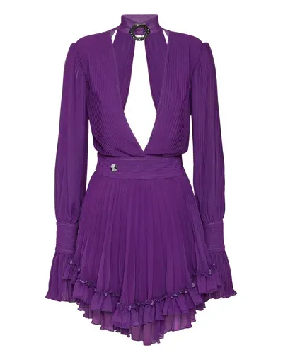 Philipp Plein Plunging V-neck Pleated Dress In Purple