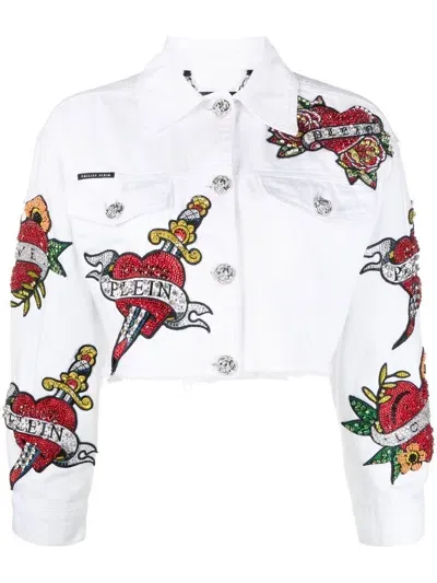 Philipp Plein Cropped Love Denim Jacket In White