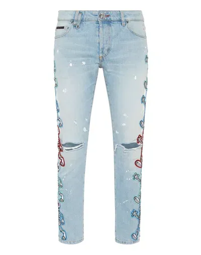 Philipp Plein Skully Gang Low-rise Skinny Jeans In Blue